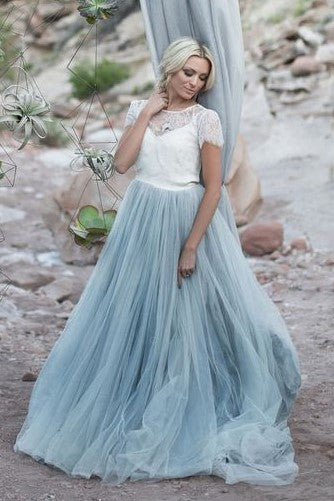 loveangeldress Dusty Blue Tulle Wedding Dress with Removable Lace Top US2 / White