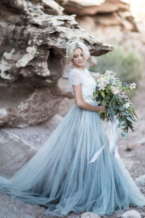 loveangeldress Dusty Blue Tulle Wedding Dress with Removable Lace Top US2 / White