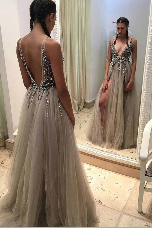 dusty-tulle-v-neckline-beaded-prom-dress-with-side-slit