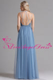 Spaghetti Straps A-line Tulle Blue Prom Long Dresses with Lace Bodice