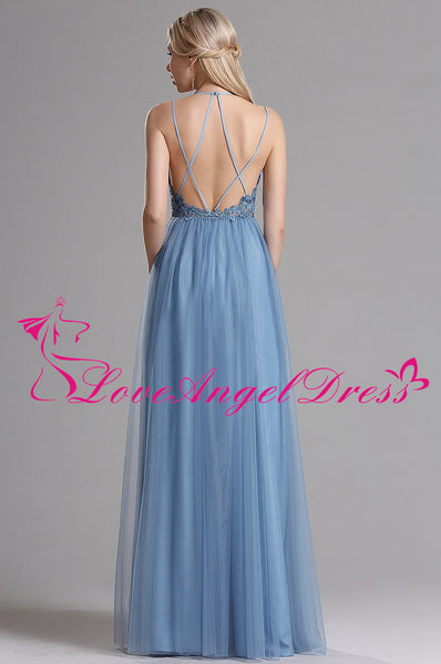 Spaghetti Straps A-line Tulle Blue Prom Long Dresses with Lace Bodice