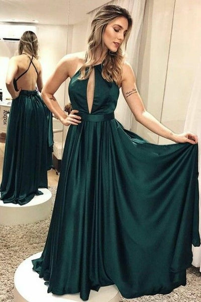 Elastic Satin Dark Green Backless Prom Dress with X-cross