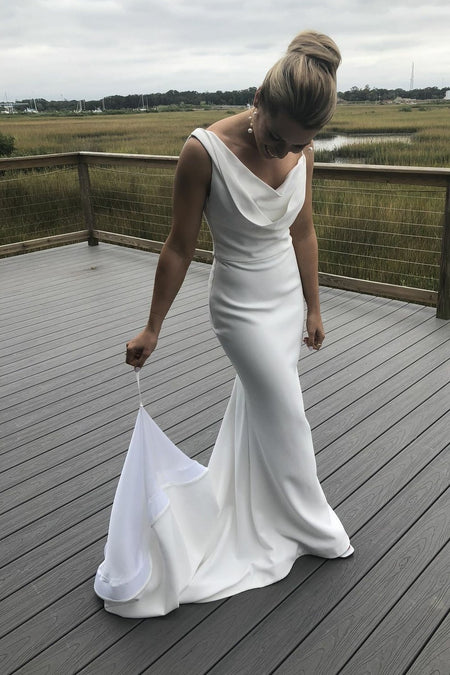 Cowl Neckline White Simple Wedding Gown with Thin Straps