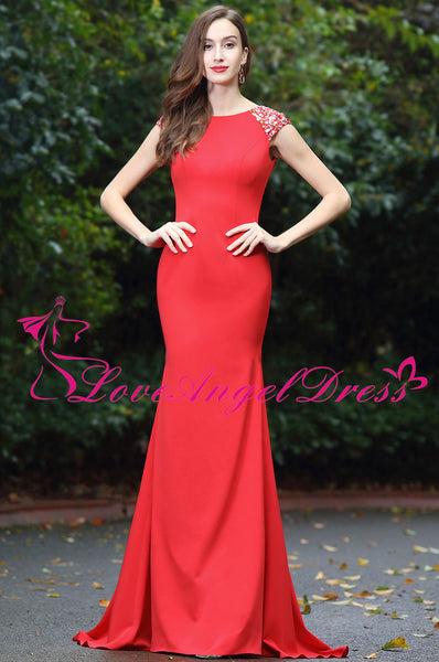 Floor Length Slim Satin Red Beaded Evening Prom Dresses Cap Sleeves