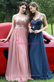 A-line Sequins Tulle Blue Prom Dresses with Spaghetti Straps