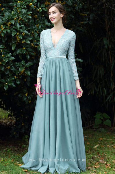 A-line Chiffon Lace Long Sleeves Evening Dresses with Plunging V-neckline