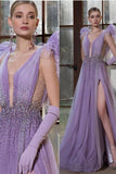 feathered-lavender-beaded-prom-dresses-v-neckline