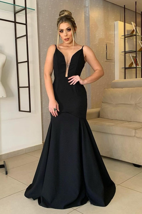 fit-flare-black-prom-dresses-with-plunging-neckline
