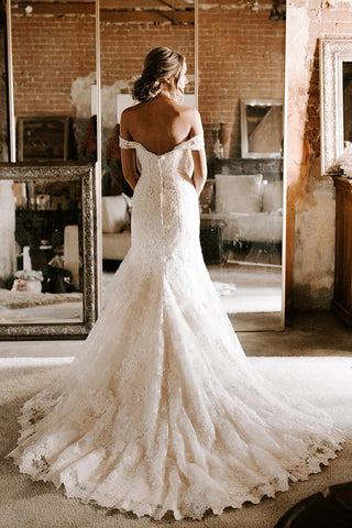 Fit&Flare Lace Bride Wedding Gown Off-the-shoulder loveangeldress Fit&Flare Lace Bride Wedding Gown Off-the-shoulder loveangeldress