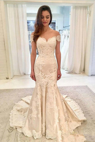 Fit&Flare Lace Wedding Dresses Off-the-shoulder Sleeves loveangeldress Fit&Flare Lace Wedding Dresses Off-the-shoulder Sleeves loveangeldress
