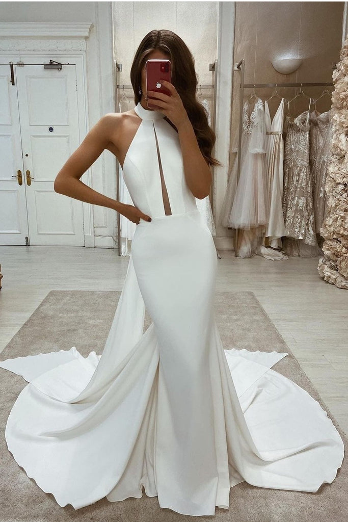 Fit&Flare Wedding Gown with High Neck and Long Train loveangeldress Fit&Flare Wedding Gown with High Neck and Long Train loveangeldress