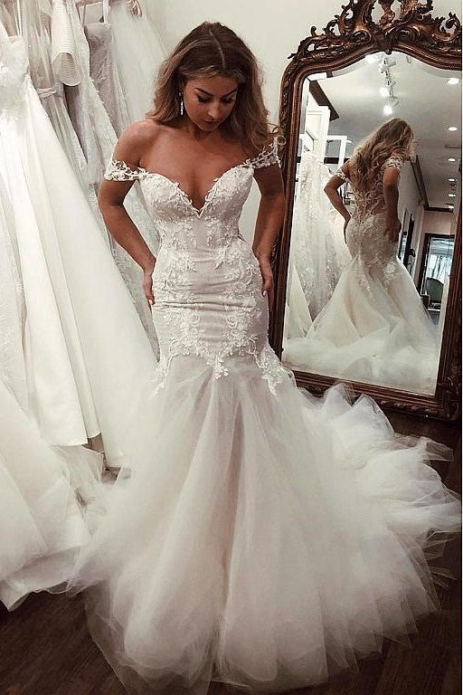 Fit&Flare Tulle Wedding Gown with Lace Off-the-shoudler Bodice loveangeldress Fit&Flare Tulle Wedding Gown with Lace Off-the-shoudler Bodice loveangeldress