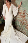 flared-sleeves-bride-wear-wedding-dresses-with-plunging-neck