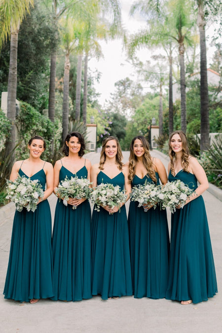 Chiffon Burgundy Hi-lo Bridesmaid Dresses with Deep V-neckline