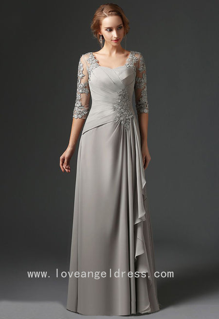 V-neck Chiffon Mother of the Bride Lace Dress with Cap Sleeves