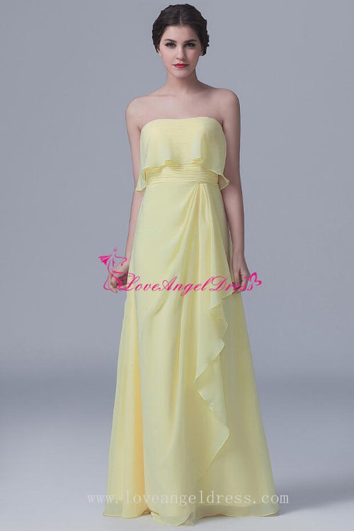floor-length-strapless-chiffon-yellow-bridesmaid-dresses