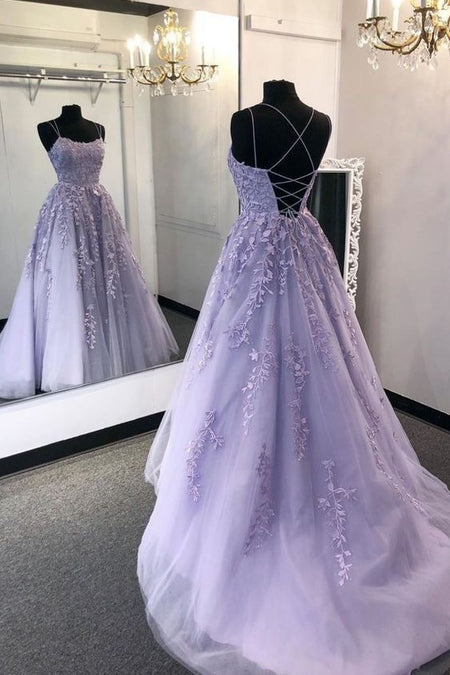 Light-blue Floral Lace Prom Dresses Tulle Skirt V-neckline