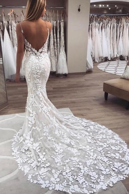 Sheer Lace Mermaid Wedding Dress with V Back