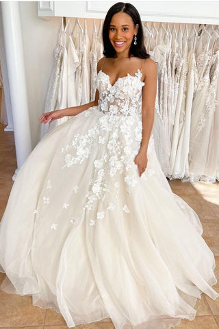 Floral Lace Wedding Dress with Sheer Bodice loveangeldress Floral Lace Wedding Dress with Sheer Bodice loveangeldress