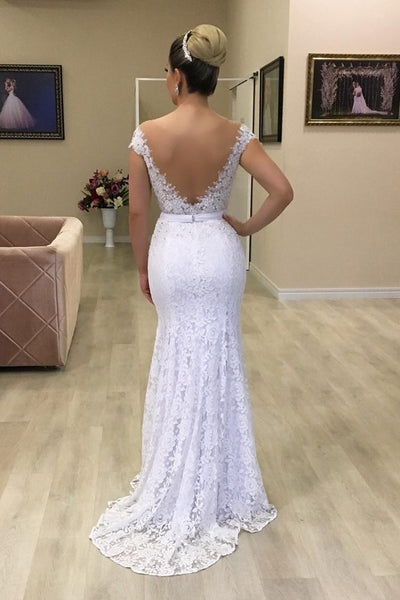 Floral Lace White Wedding Dress with Sheer Neckline