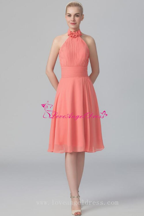 flounced-halter-chiffon-coral-bridesmaid-dresses-knee-length