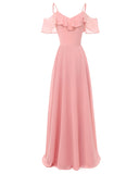 Flounced Long Pink Bridesmaid Dresses with Spaghetti Straps