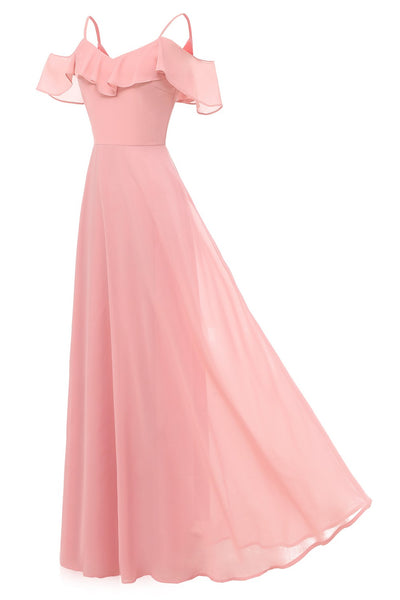 flounced-long-pink-bridesmaid-dresses-with-spaghetti-straps