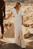 flounced-sleeves-beach-wedding-dress-v-neckline