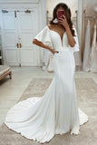flounced-sleeves-wedding-dress-with-plunging-neckline