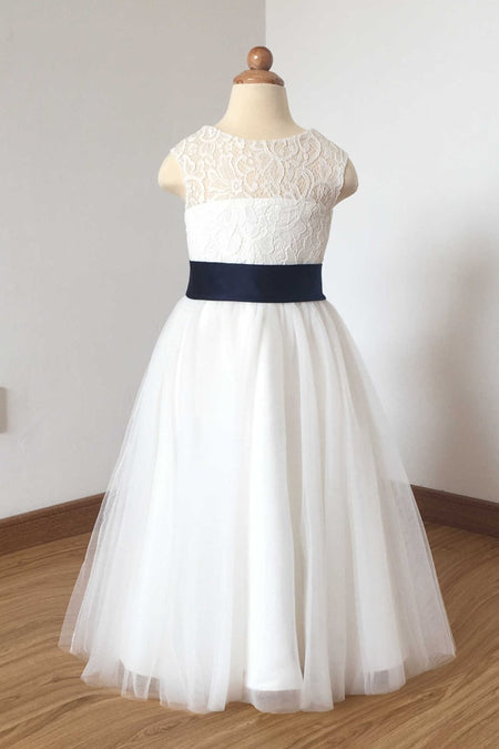 Scoop Neck Ivory Champagne Flower Girl Dress with Tulle Skirt