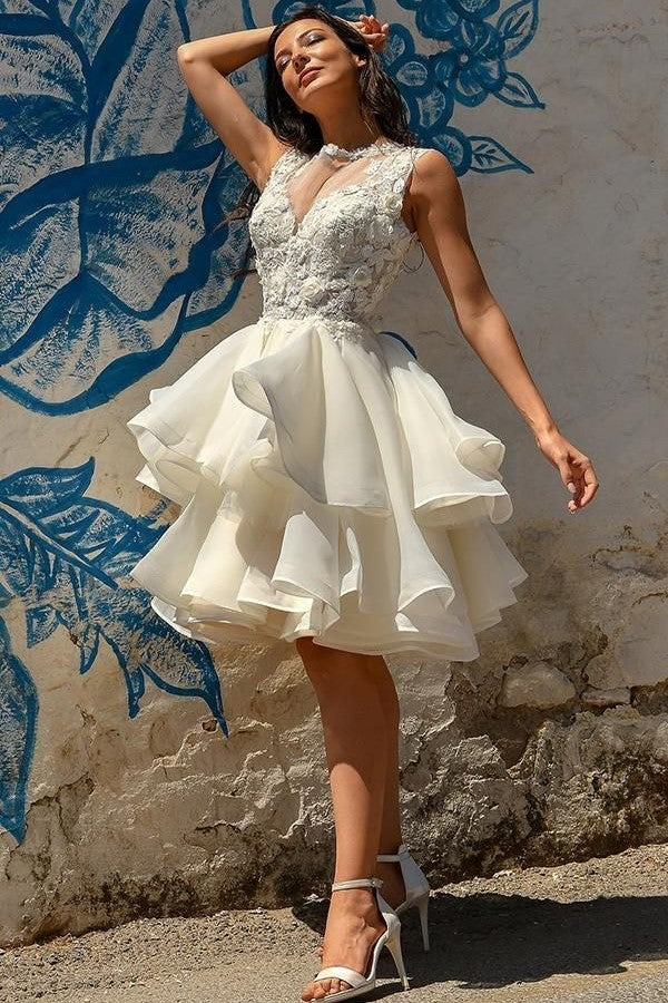 Flower Lace Short Wedding Dress with Organza Skirt