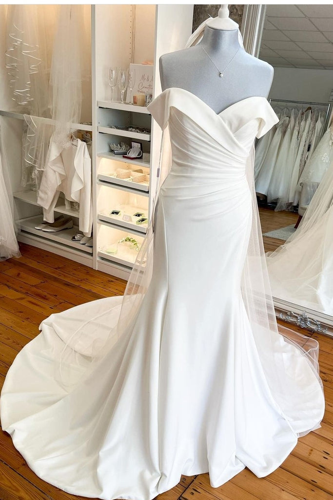 Fold Off-the-shoulder Wedding Dress with Ruched Bodice – loveangeldress Fold Off-the-shoulder Wedding Dress with Ruched Bodice – loveangeldress