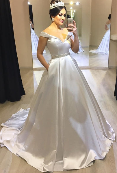 Fold V-neck Satin Dress for Wedding with Beaded Belt