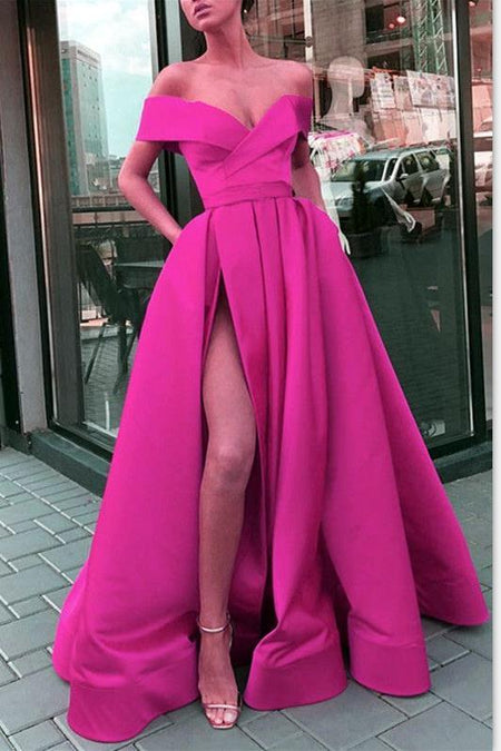 Off-the-shoulder Pink Satin Long Prom Gown with High Thigh Slit
