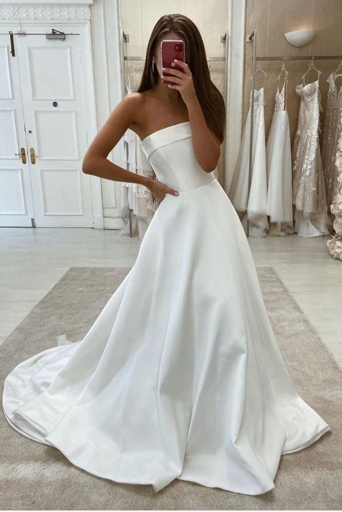 VIKTORIA Simple Satin Wedding Dresses For Woman 2024 Bride A-LINE Strapless  Sleeveless Slit Vestidos De Novia Made To Order - AliExpress