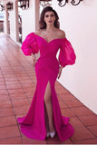 fuchsia-mermaid-evening-prom-dresses-with-bubble-sleeves