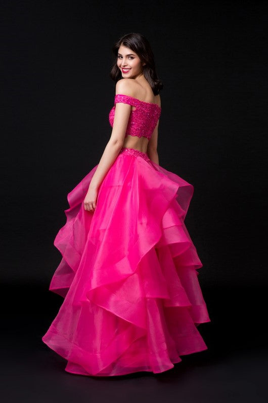 Fuchsia Organza Two-piece Prom Dresses Lace Off-the-shoulder