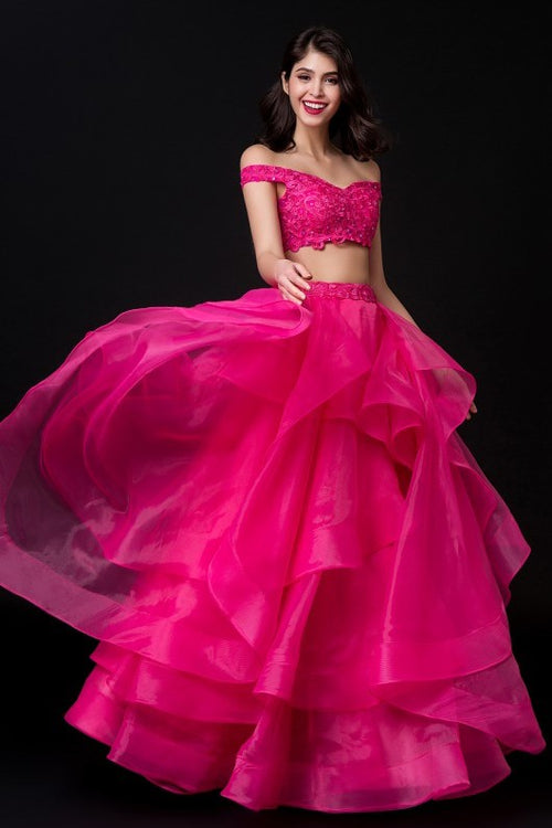 Fuchsia Organza Two-piece Prom Dresses Lace Off-the-shoulder