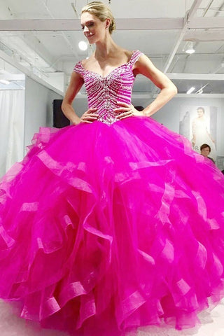 VeraQueen Girl's Off-Shoulder Beaded Pageant Dress - Cap Sleeves, Ruffled Ball Gown, Fuchsia - View #11