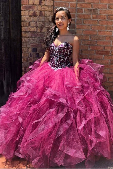 Red Ball Gown Quinceanera Dresses High Neck Beaded Tulle Skirt