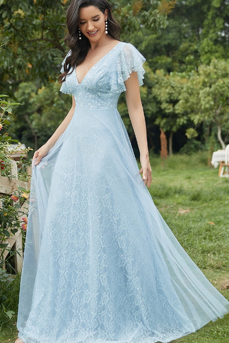 Floor-Length Chiffon Blue Bridesmaid Wedding Party Gown 2022