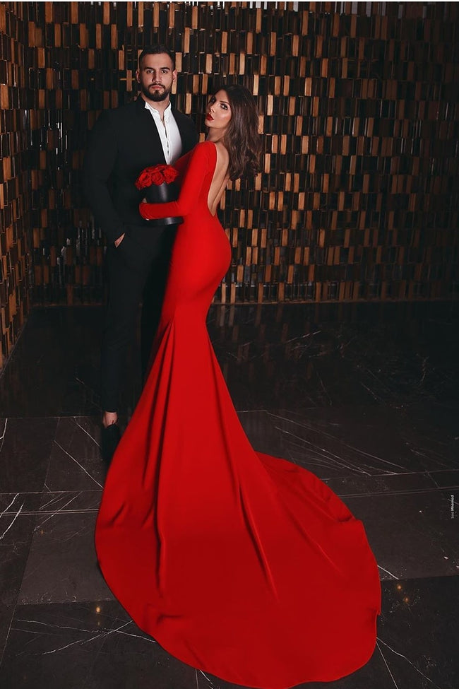 Full Sleeves Mermaid Red Evening Gown with Open Back