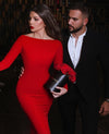 Full Sleeves Mermaid Red Evening Gown with Open Back