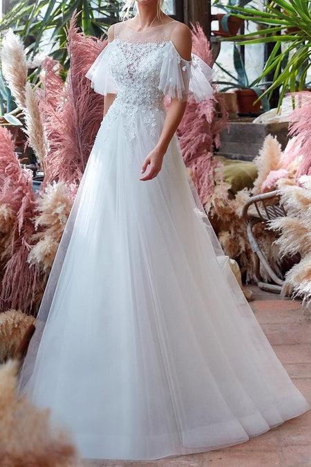 Lace Long Sleeves Boho Wedding Dresses with Open Back