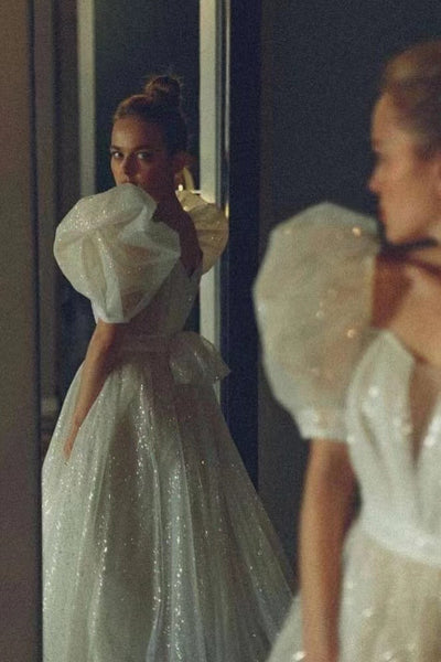 Glittering Princess Wedding Gown with Puffy Sleeves