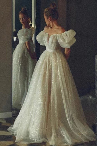 Glittering Princess Wedding Gown with Puffy Sleeves loveangeldress Glittering Princess Wedding Gown with Puffy Sleeves loveangeldress