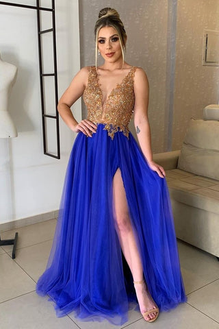 Gold Beaded Prom Dress with Royal Blue Tulle Skirt loveangeldress Gold Beaded Prom Dress with Royal Blue Tulle Skirt loveangeldress