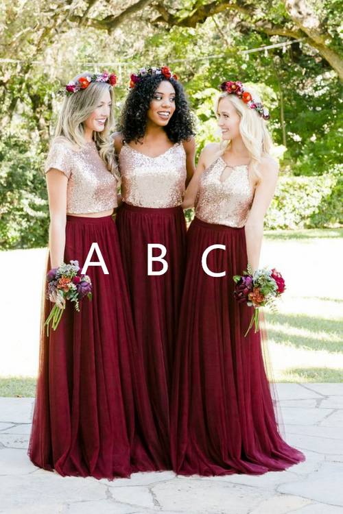 gold-sequin-two-piece-burgundy-bridesmaid-dresses-tulle-skirt