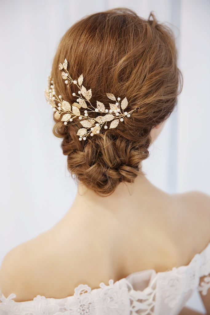 Gold Wedding Hair Clip Accessories Leaf and Pearls Bridal Headpiece loveangeldress