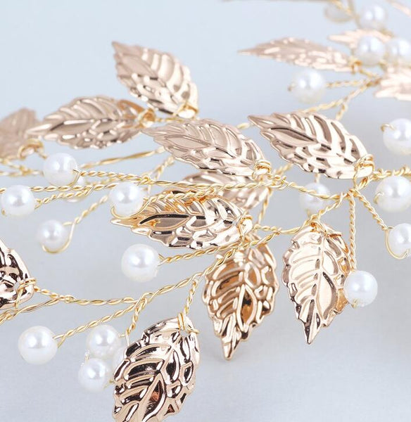 Gold Wedding Hair Clip Accessories Leaf and Pearls Bridal Headpiece